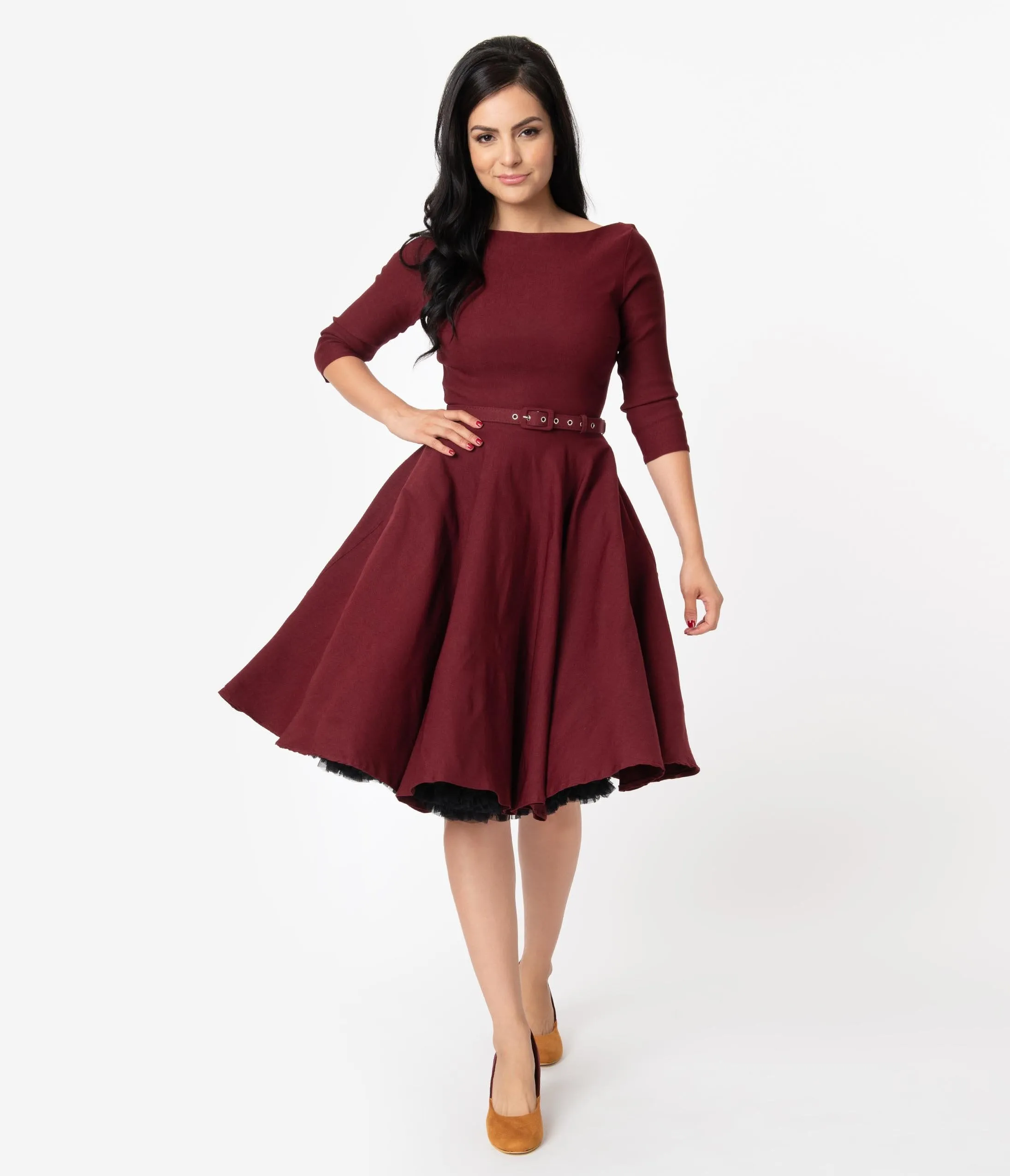 Unique Vintage 1950s Style Wine Red Stretch Sleeved Devon Swing Dress