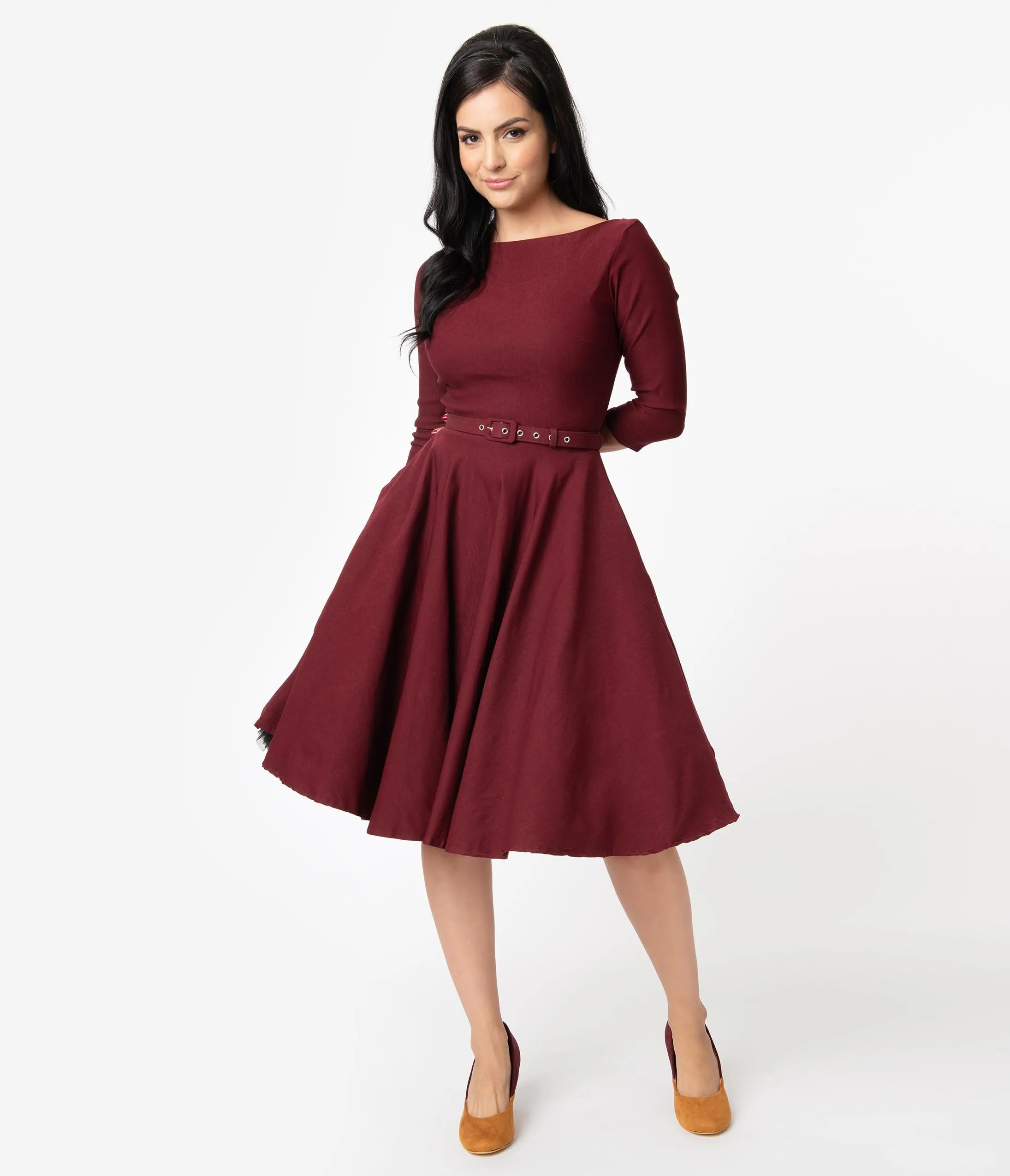 Unique Vintage 1950s Style Wine Red Stretch Sleeved Devon Swing Dress