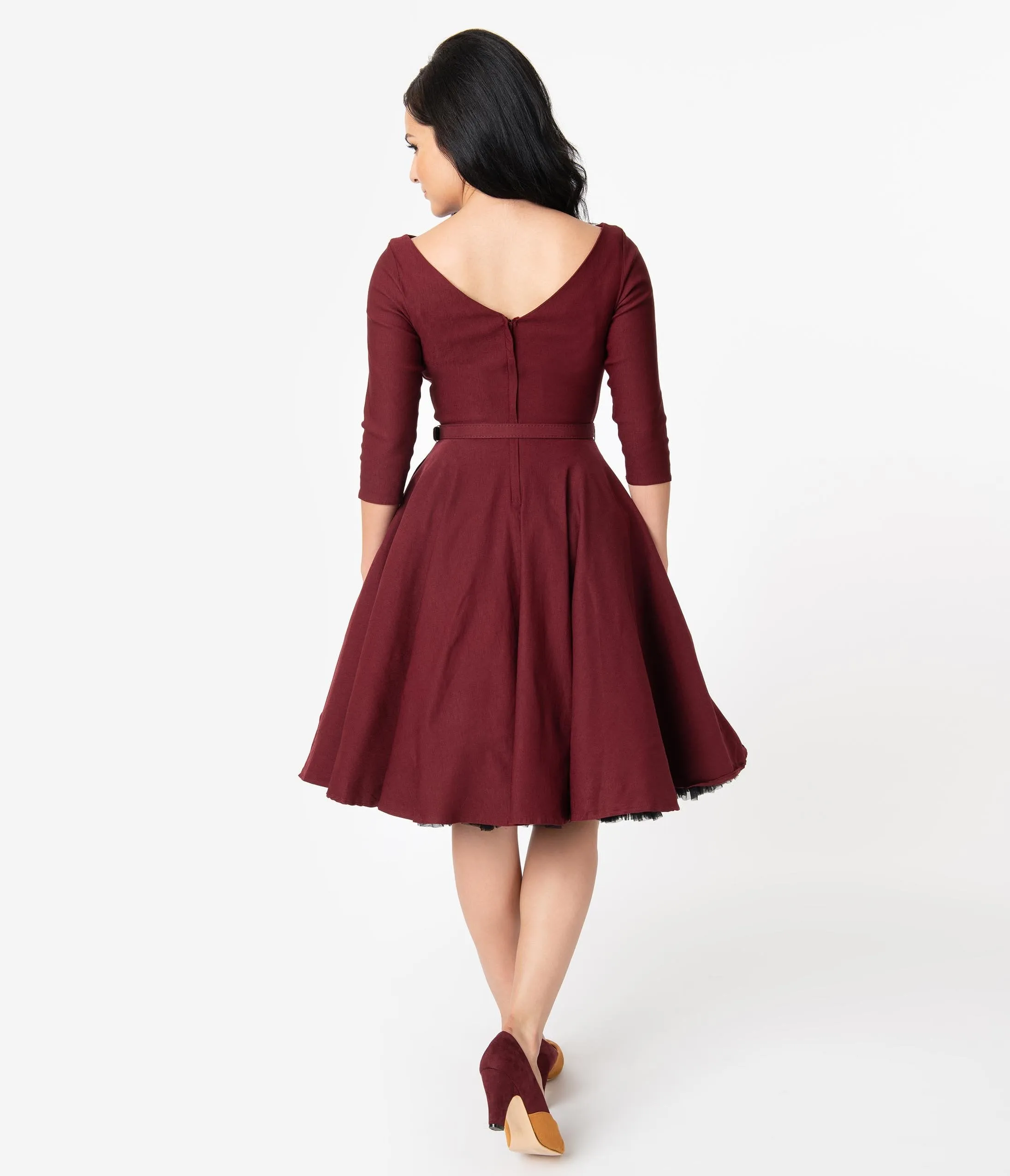 Unique Vintage 1950s Style Wine Red Stretch Sleeved Devon Swing Dress