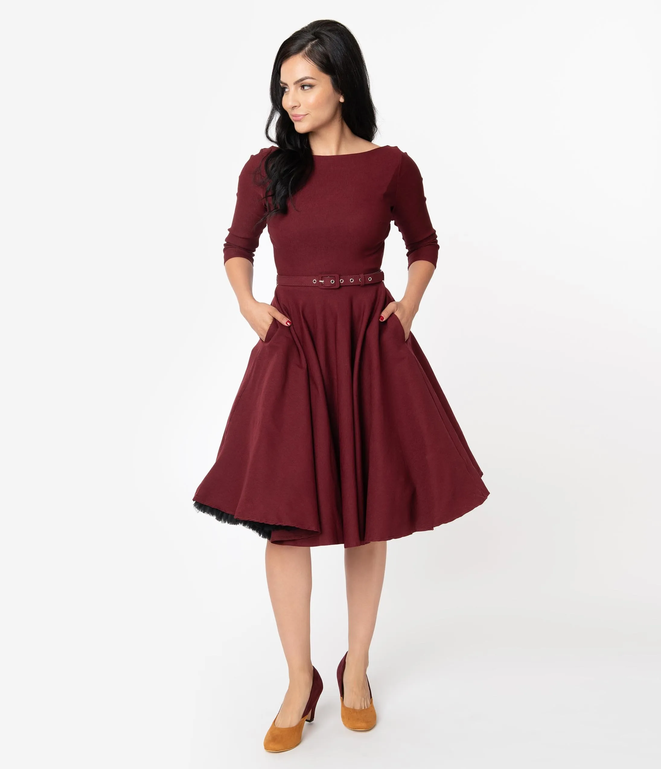 Unique Vintage 1950s Style Wine Red Stretch Sleeved Devon Swing Dress