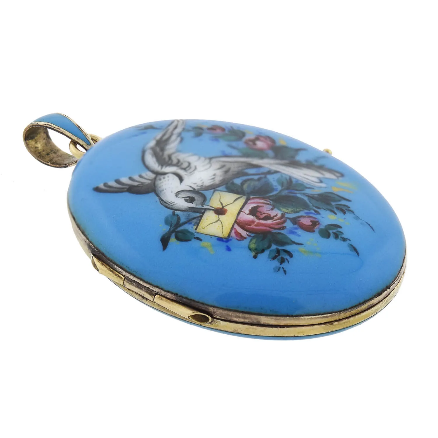 Victorian 14kt Hand Painted Enameled "Bird   Love Letter" Locket