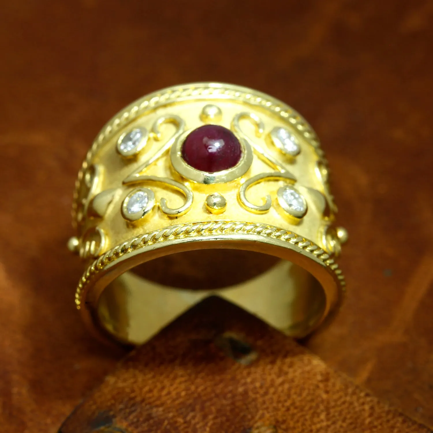 Vintage Ruby Etruscan Cigar Band with Diamonds 18K Yellow Gold