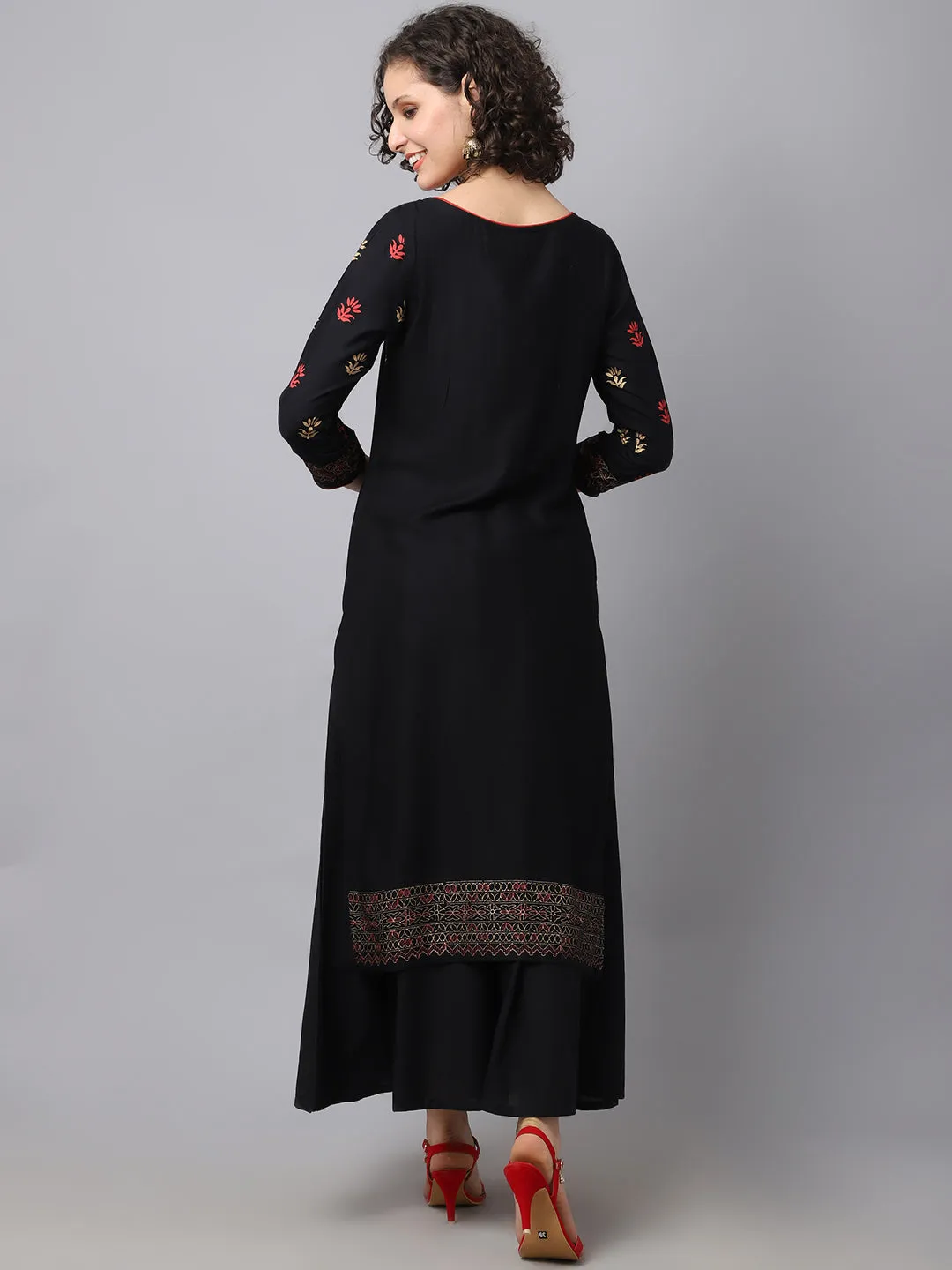 Women Black Ethnic Motifs Embroidered Kurta