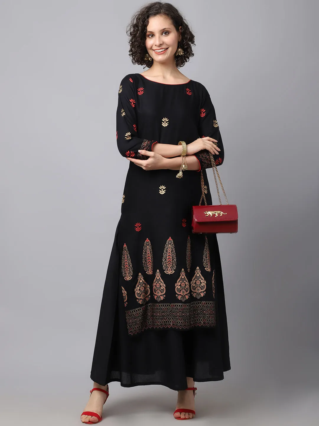 Women Black Ethnic Motifs Embroidered Kurta