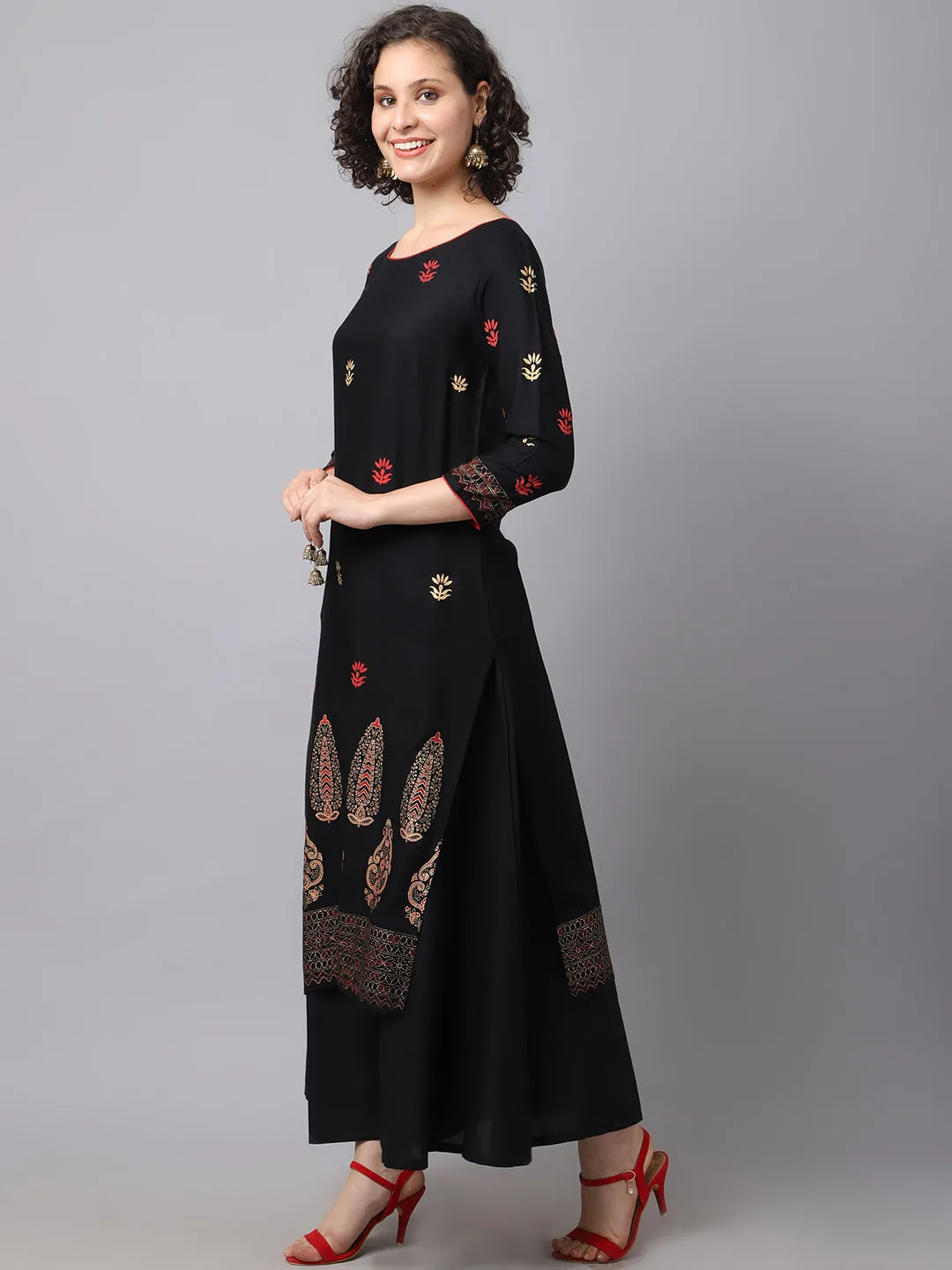 Women Black Ethnic Motifs Embroidered Kurta