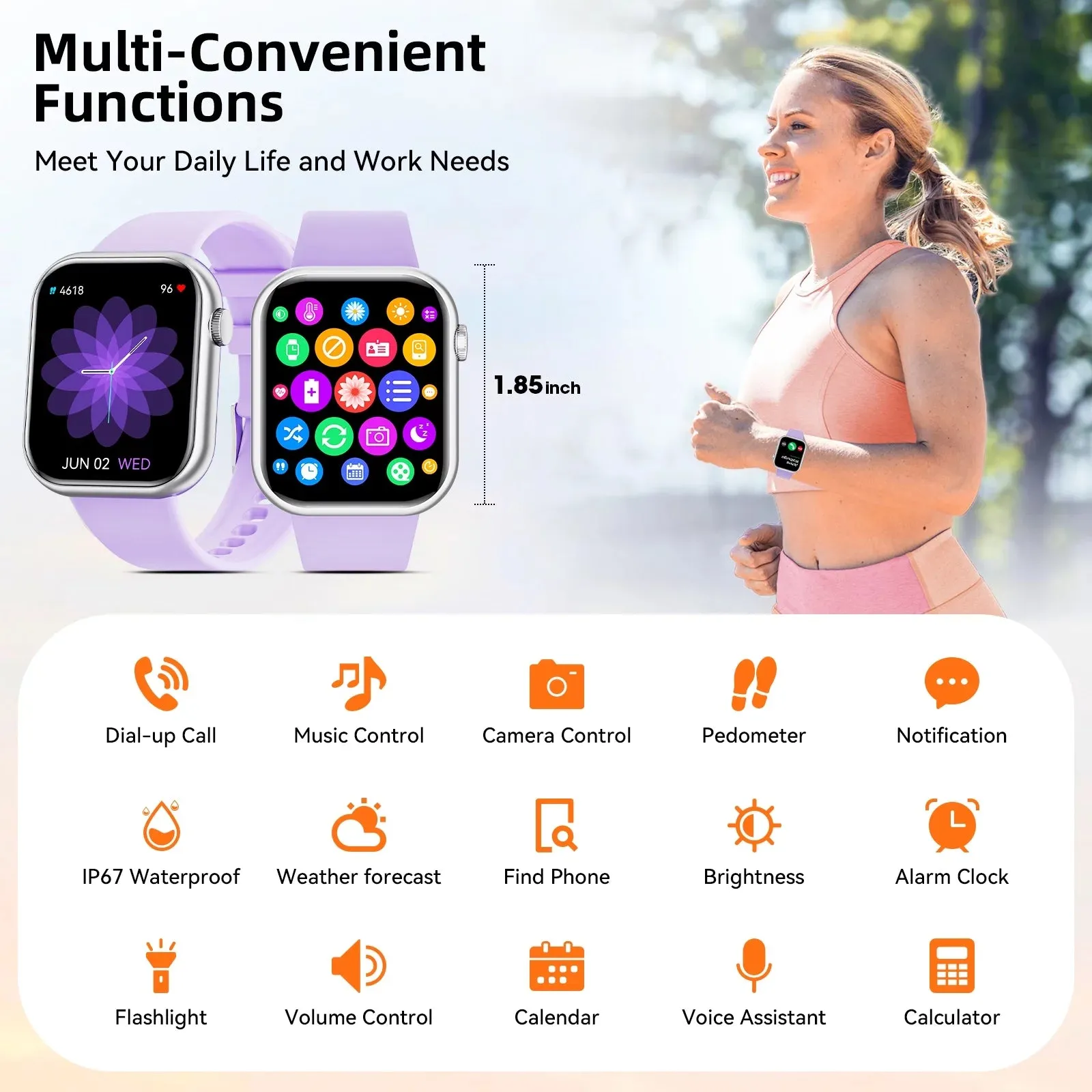 Women'S Smart Watch 1.85 Inches, with Answer/Make Calls/Message Reminders Function, with Activity Fitness Tracker Pedometer, Suitable for Android Iphone Devices (Purple)