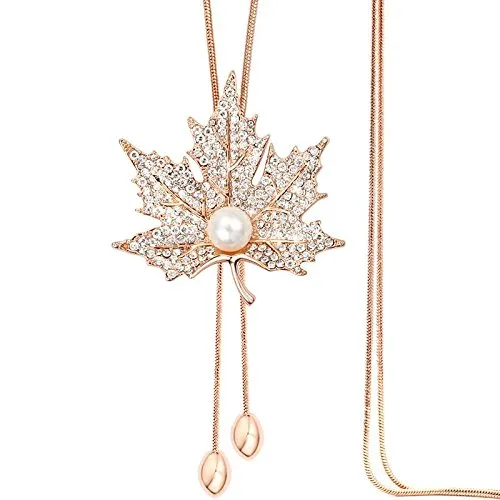 Yellow Chimes Long Chain Necklace for Women Maple Leaf Pendant for Girls Rosegold Plated Crystal Long Chain Pendant Necklace for Women and Girls