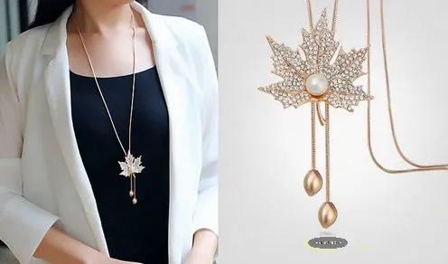 Yellow Chimes Long Chain Necklace for Women Maple Leaf Pendant for Girls Rosegold Plated Crystal Long Chain Pendant Necklace for Women and Girls