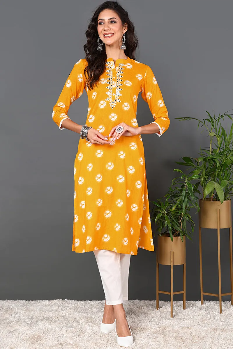 Yellow Cotton Embroidered Ethnic Motifs Straight Kurta