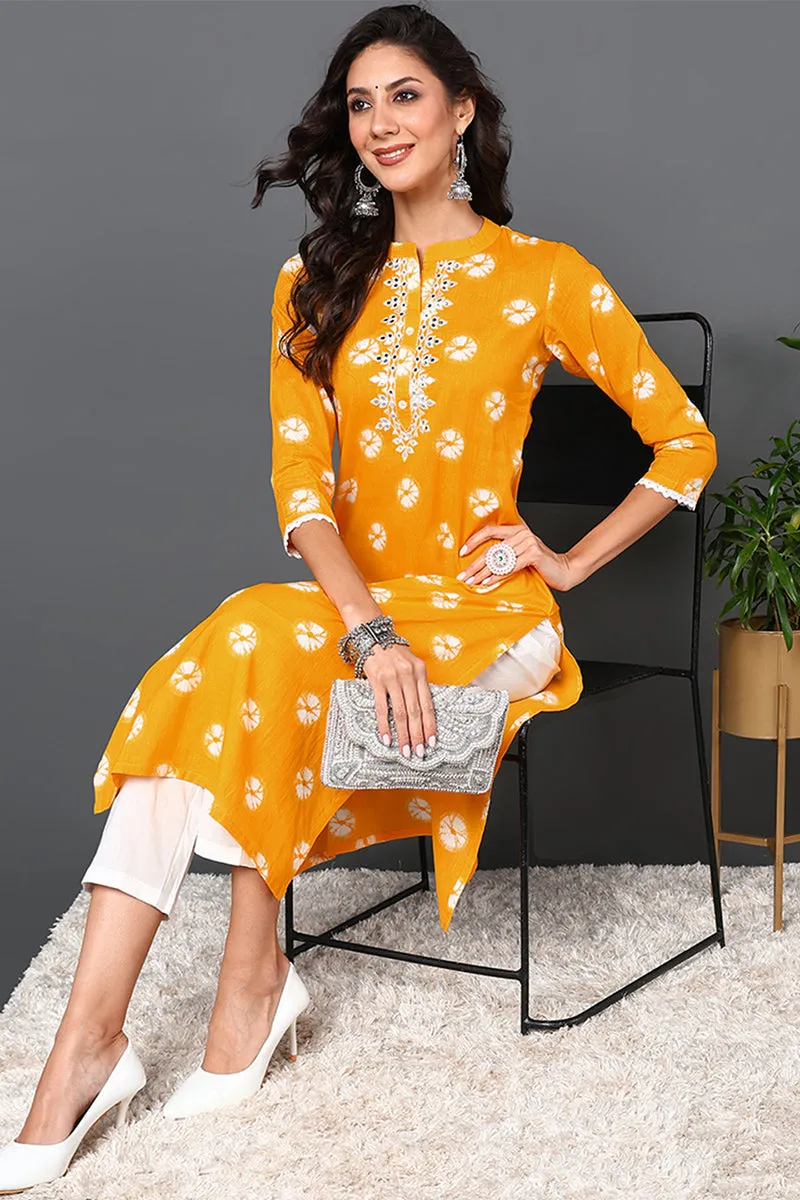 Yellow Cotton Embroidered Ethnic Motifs Straight Kurta