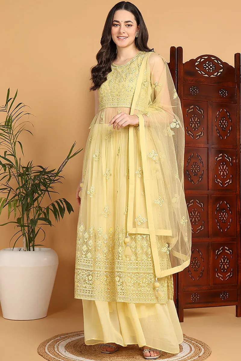 Yellow Net Ethnic Motifs Embroidered Straight Suit Set