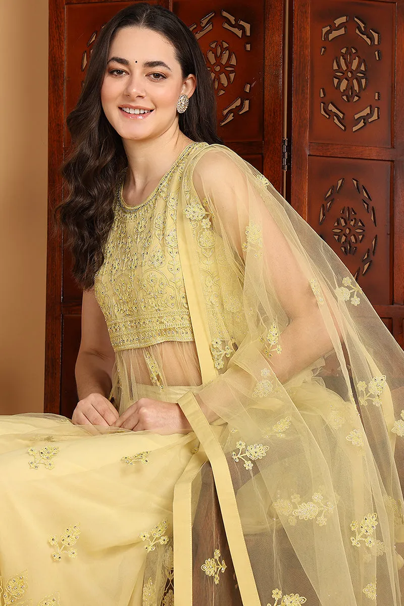 Yellow Net Ethnic Motifs Embroidered Straight Suit Set