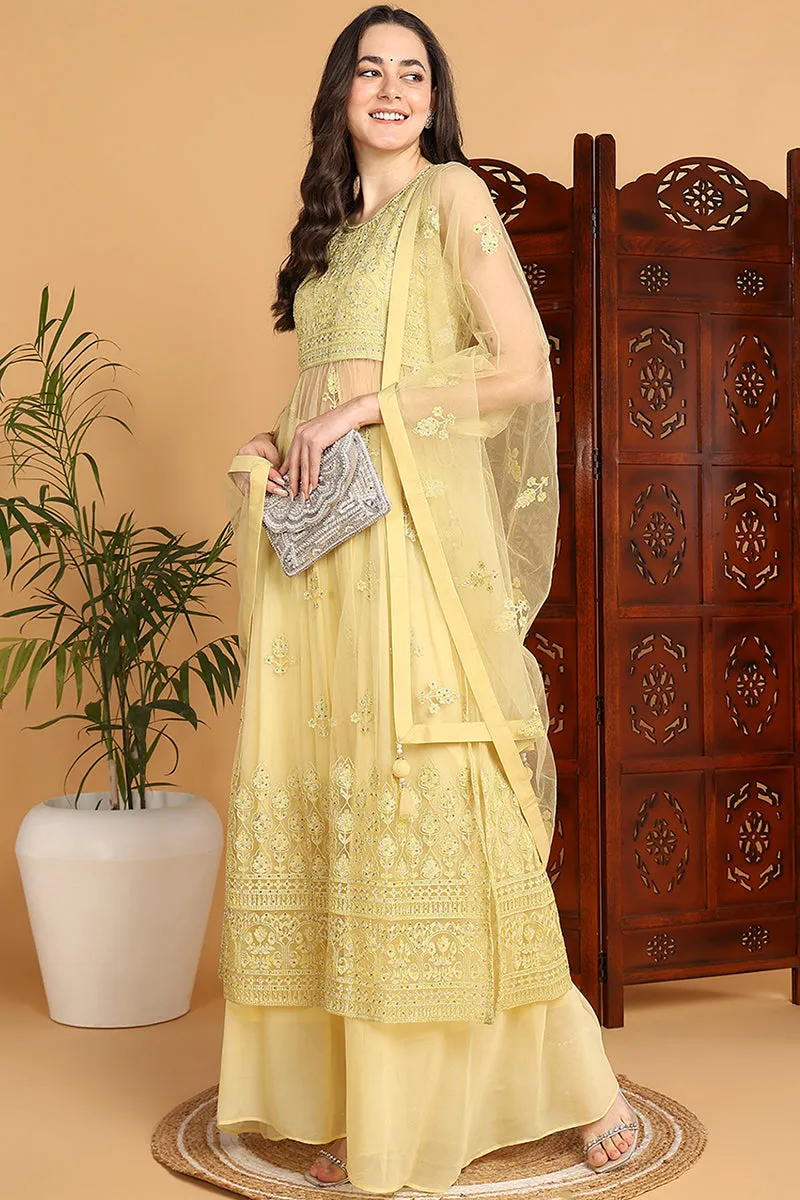 Yellow Net Ethnic Motifs Embroidered Straight Suit Set