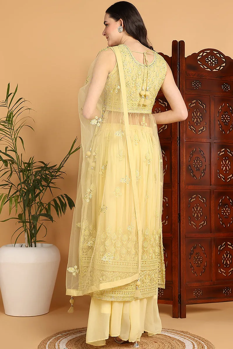 Yellow Net Ethnic Motifs Embroidered Straight Suit Set