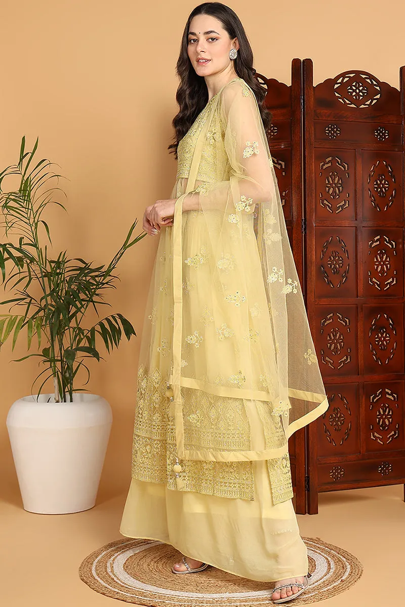 Yellow Net Ethnic Motifs Embroidered Straight Suit Set